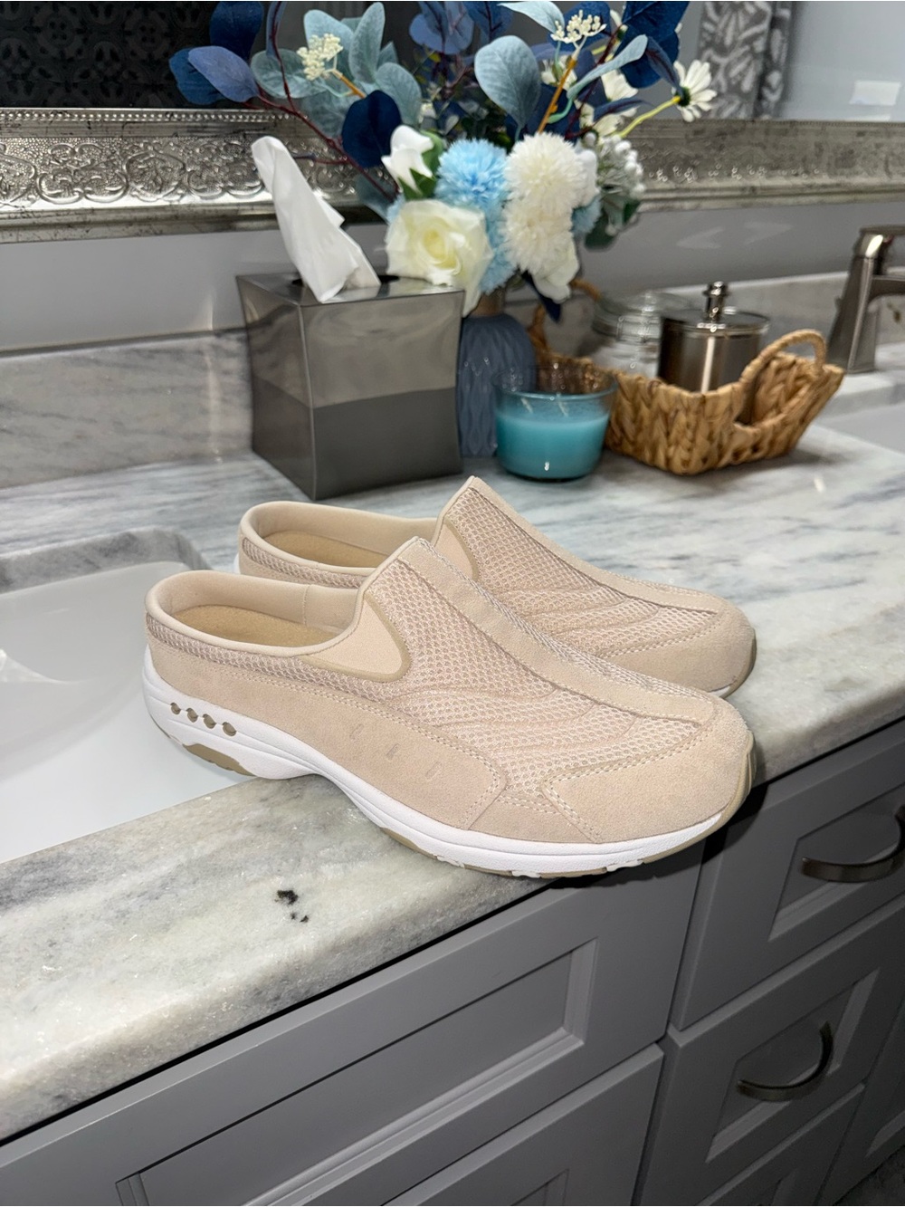 Easy Spirit Slip-On Mesh & Suede Mules in Light Beige